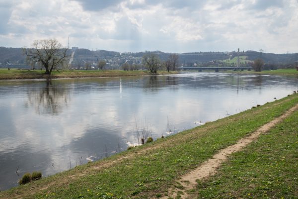 Am Elbufer, Blick zurück in Richtung der Elbbrücken und des Pumpspeicherwerkes Niederwartha